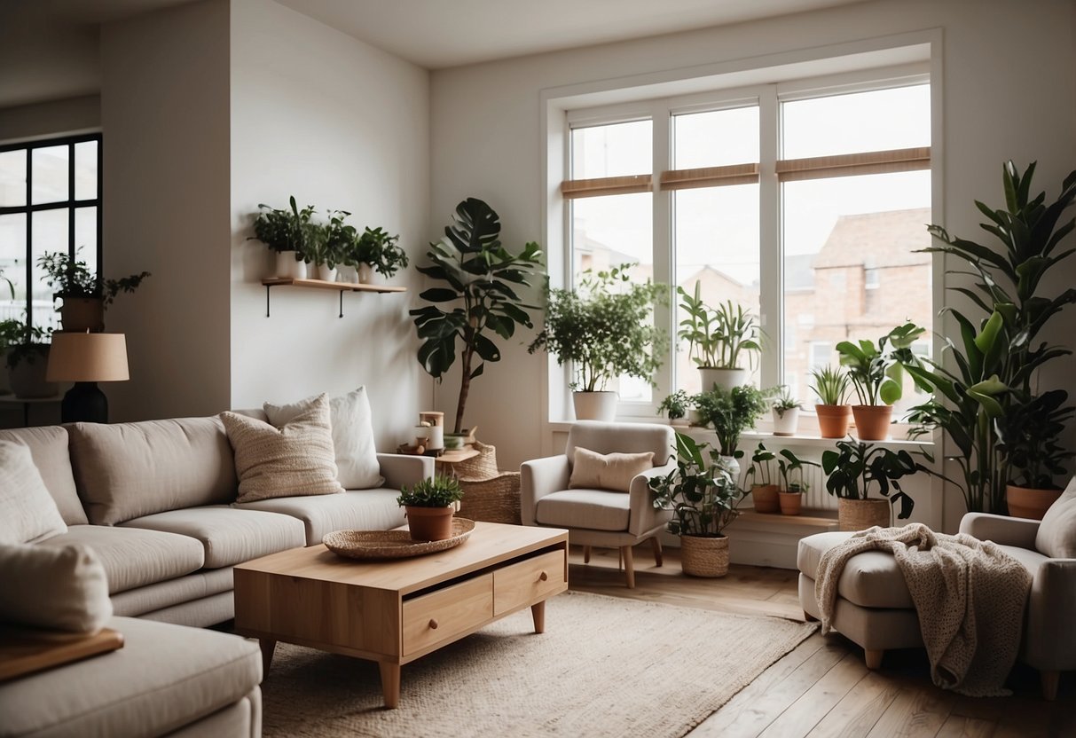 A simple living room with neutral colors, clean lines, and minimalistic furniture. A few potted plants and soft, cozy textiles add warmth to the space