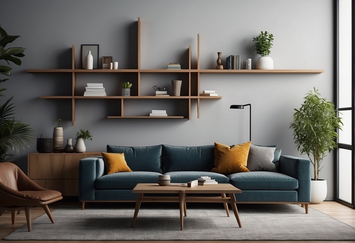 A simple, modern living room with sleek, minimalist shelving units against a plain backdrop