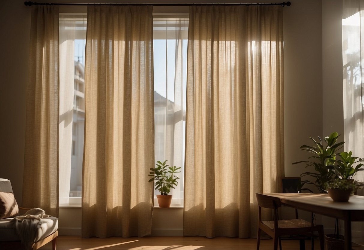 The sunlight streams through plain linen curtains, casting soft shadows on the simple, unadorned room