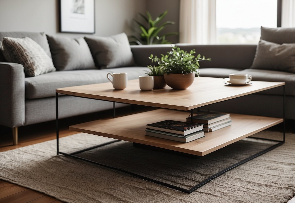 Two simple wooden coffee tables in a minimalist living room setting. Clean lines, neutral colors, and uncluttered space