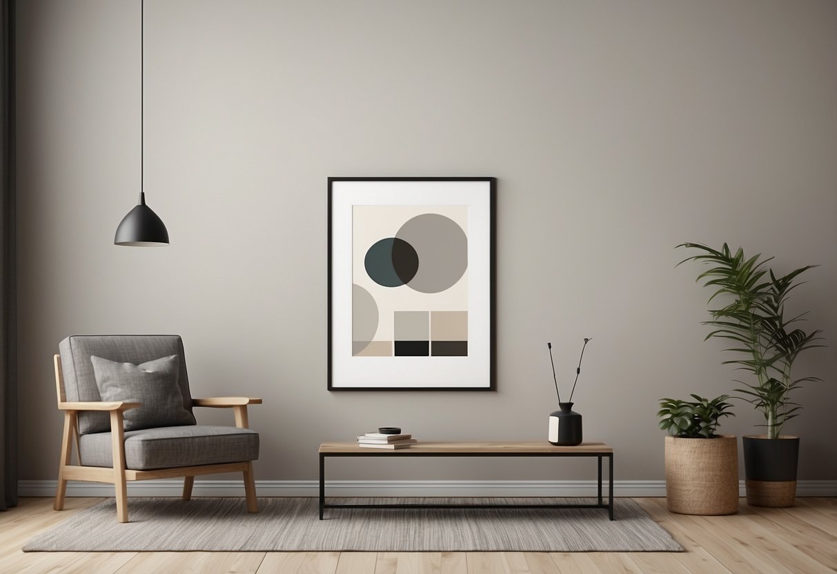 A simple, minimalist wall art featuring geometric shapes in muted tones against a neutral background