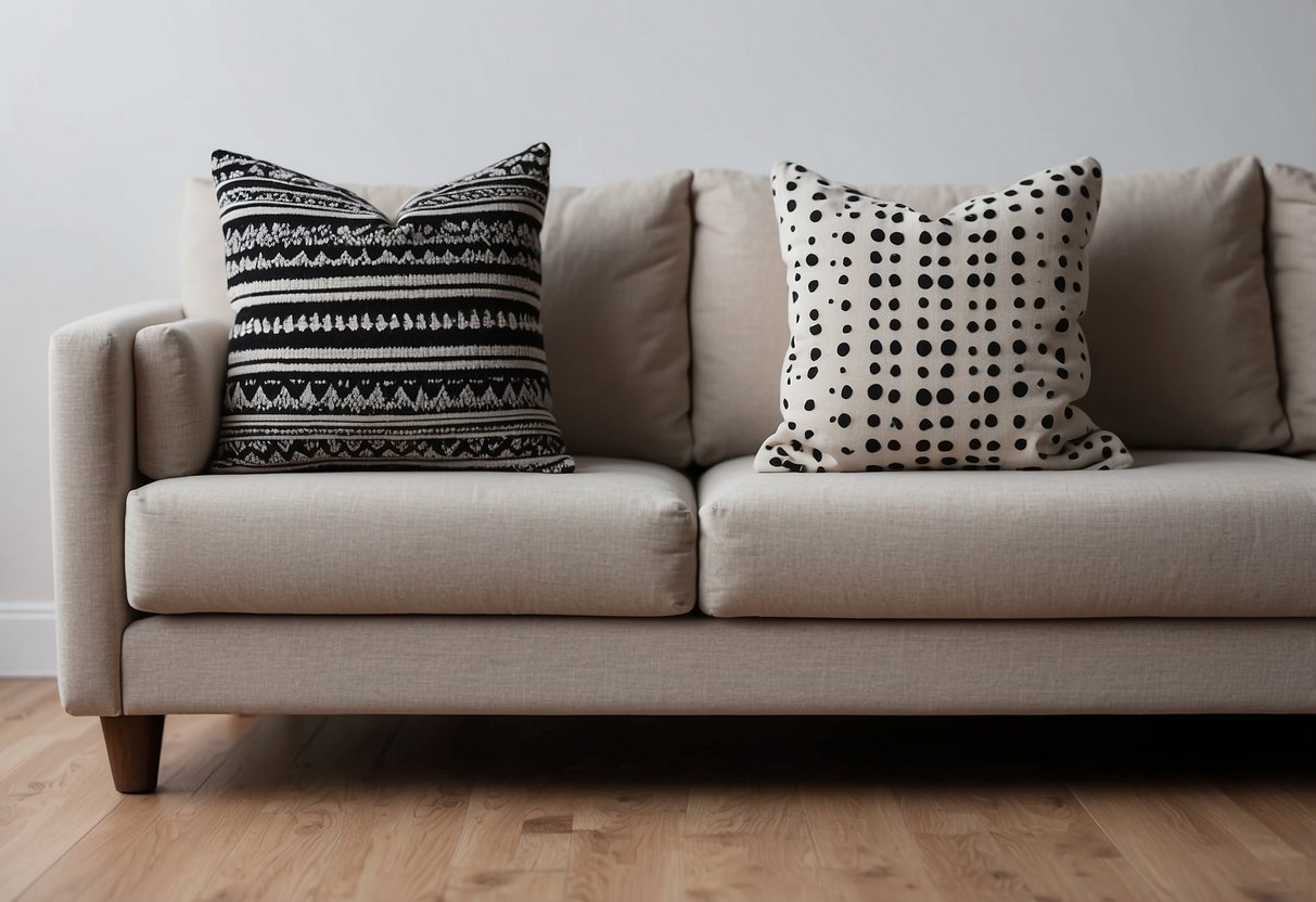 Three unadorned throw pillows arranged on a neutral-colored sofa in a minimalist living room