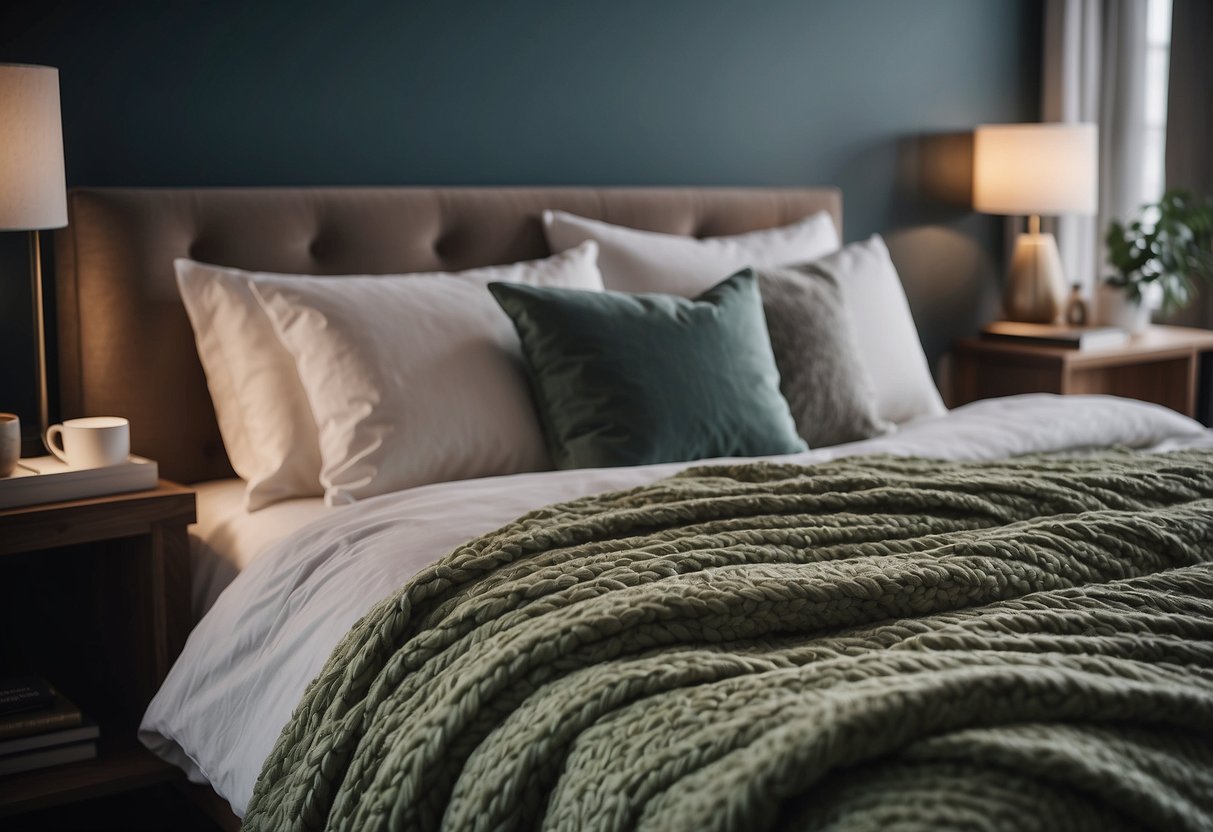 A neatly made bed with a solid color bedspread, pillows, and a throw blanket. The room is well-lit and clean, with minimal decor