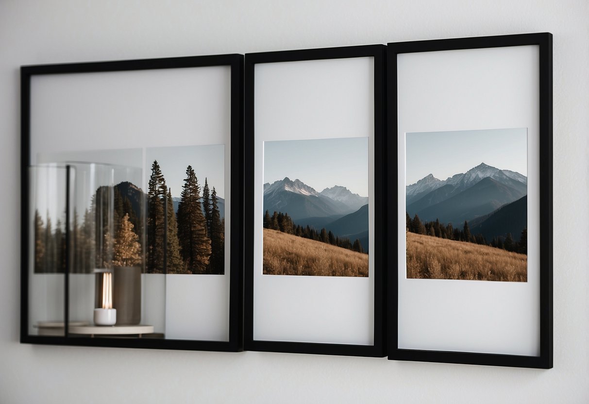 A row of plain wooden frames hang on a white wall, creating a simple and minimalist home decor display