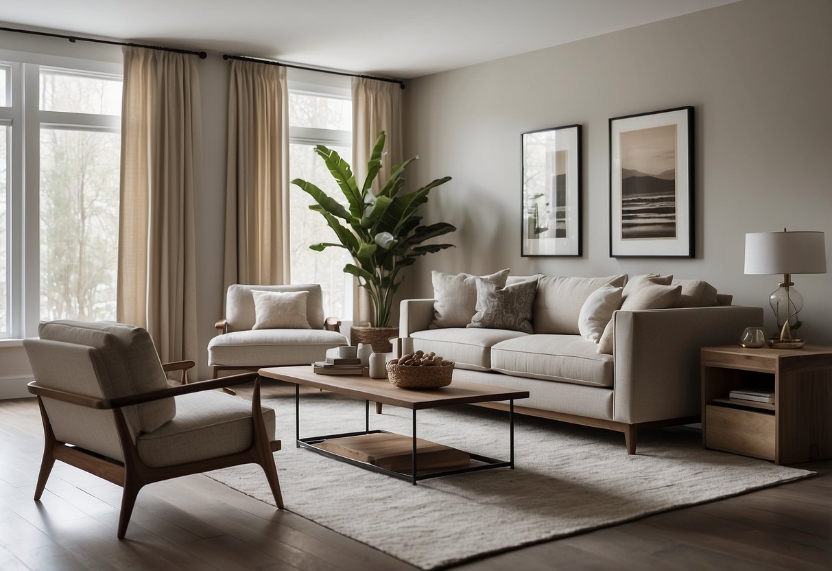 A minimalist living room with neutral colors, clean lines, and simple furniture. A few carefully chosen decorative pieces add a touch of warmth and personality to the space