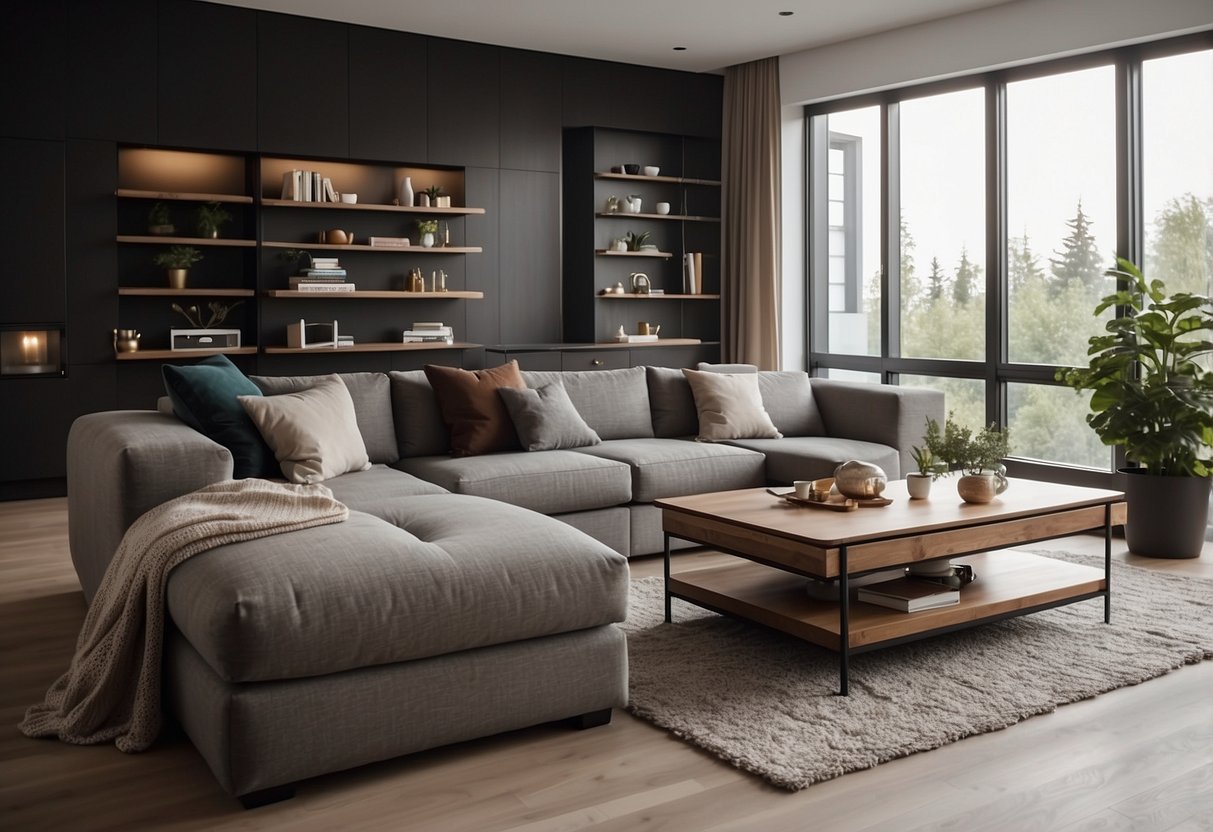 A cozy living room with a fold-out sofa bed, wall-mounted shelves, and a multi-functional coffee table with hidden storage compartments