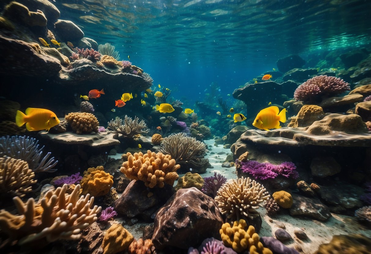 Colorful corals, rocks, and driftwood create a vibrant underwater landscape. Fish swim among the decorations, adding movement and life to the aquarium