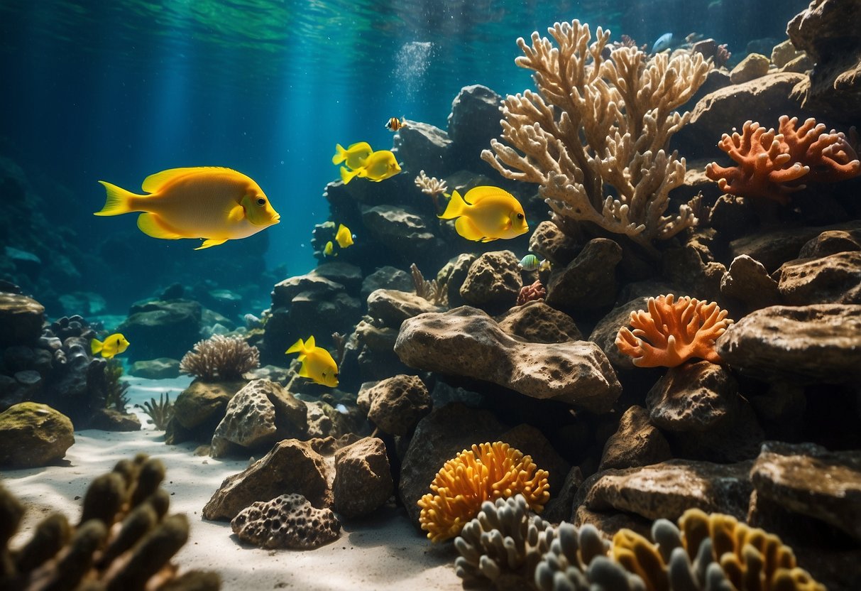 A rocky outcrop rises from the sandy bottom of the aquarium, adorned with vibrant greenery and colorful coral. Sunlight filters through the water, casting a warm glow on the natural scene