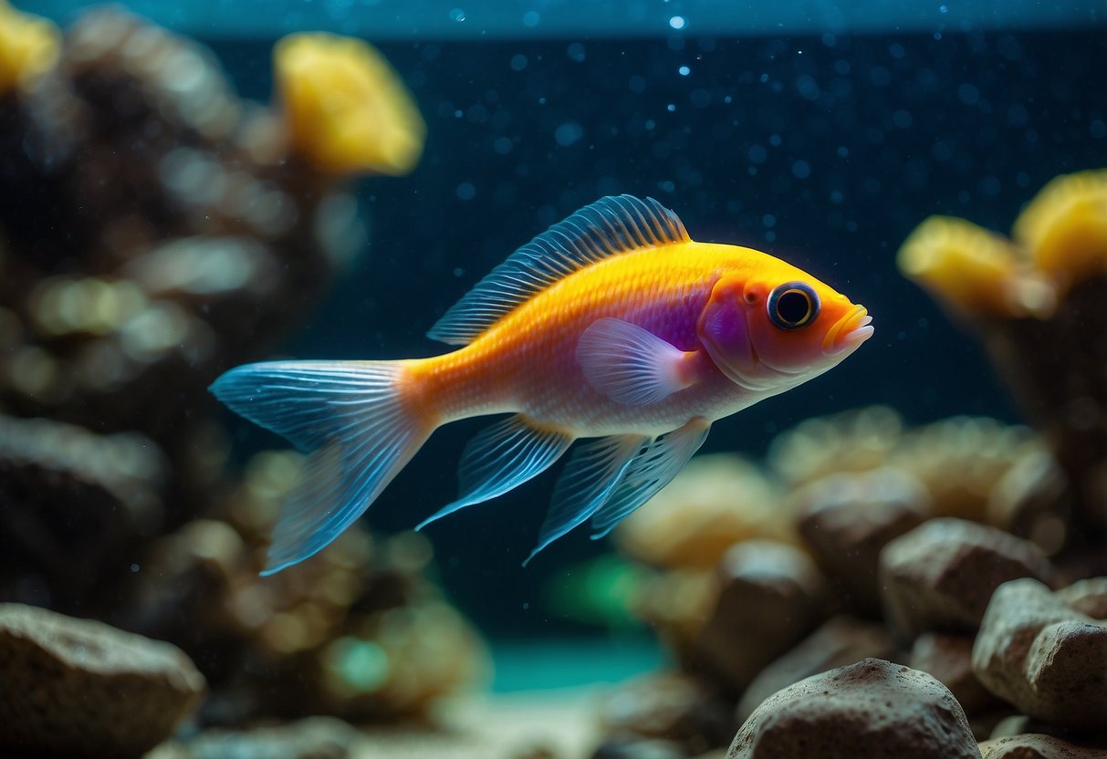 Colorful GloFish swim among vibrant aquarium gravel, creating a lively underwater scene