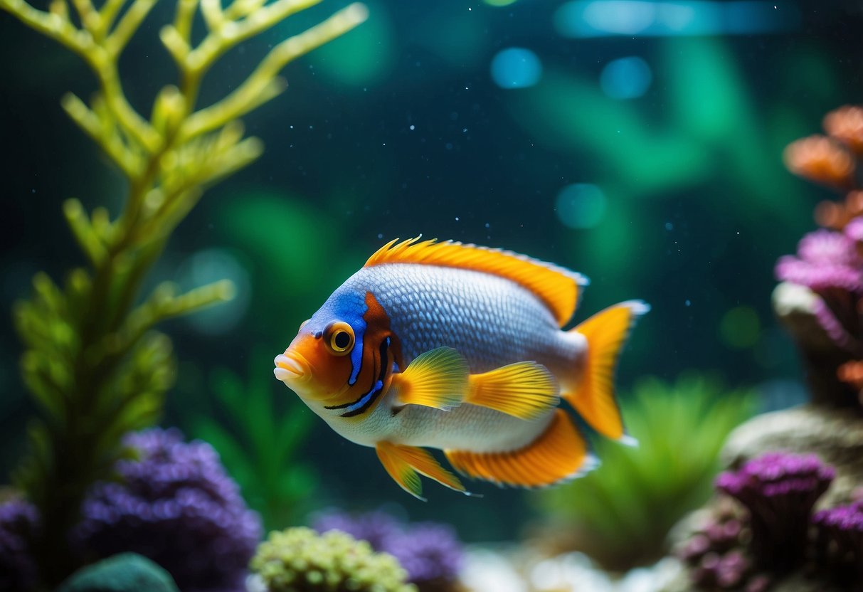 A colorful fish swims through a Polyresin Rock Cave in an aquarium, surrounded by lush green plants and vibrant coral