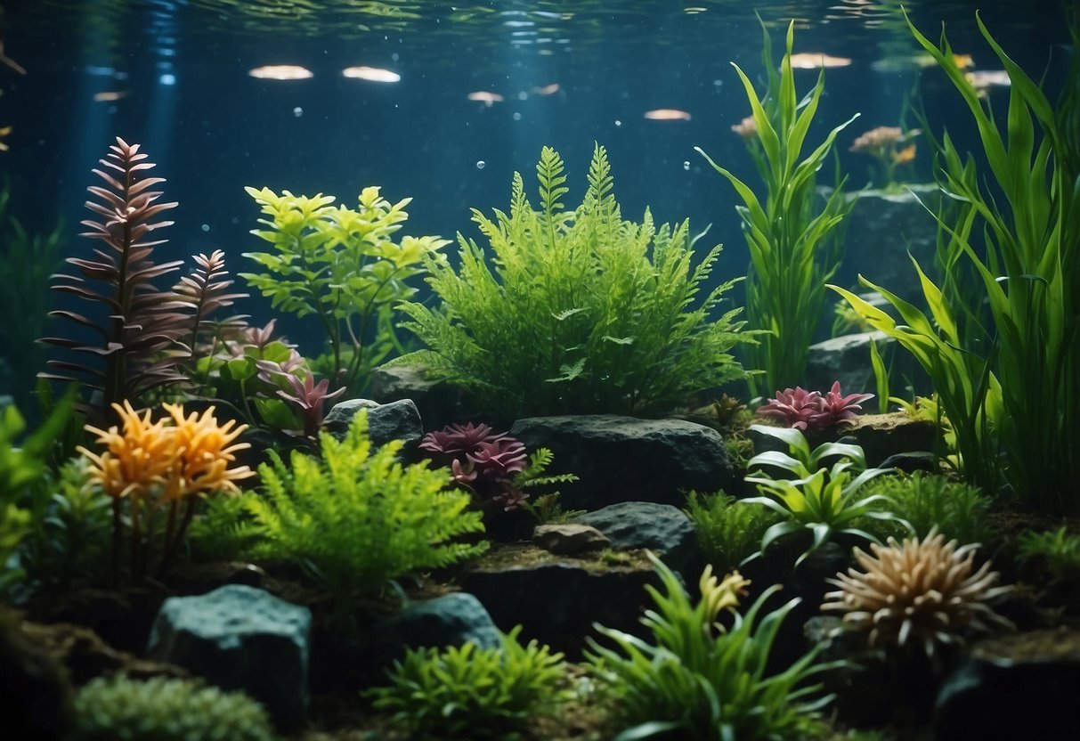 A variety of lush, vibrant aquatic plants fill the aquarium, creating a natural and serene underwater landscape