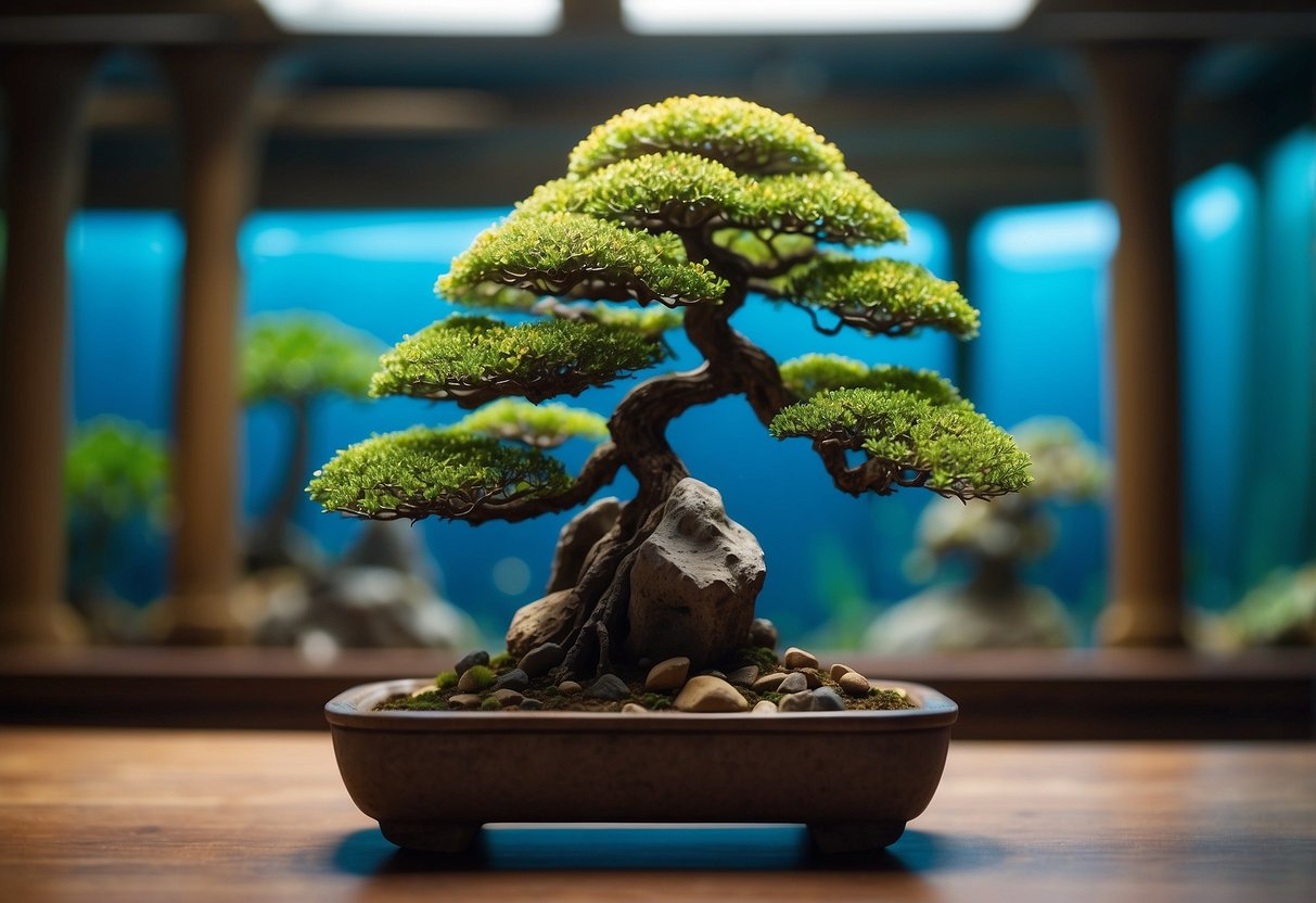 A small bonsai tree sits at the center of an underwater aquarium scene, surrounded by colorful rocks, driftwood, and vibrant aquatic plants