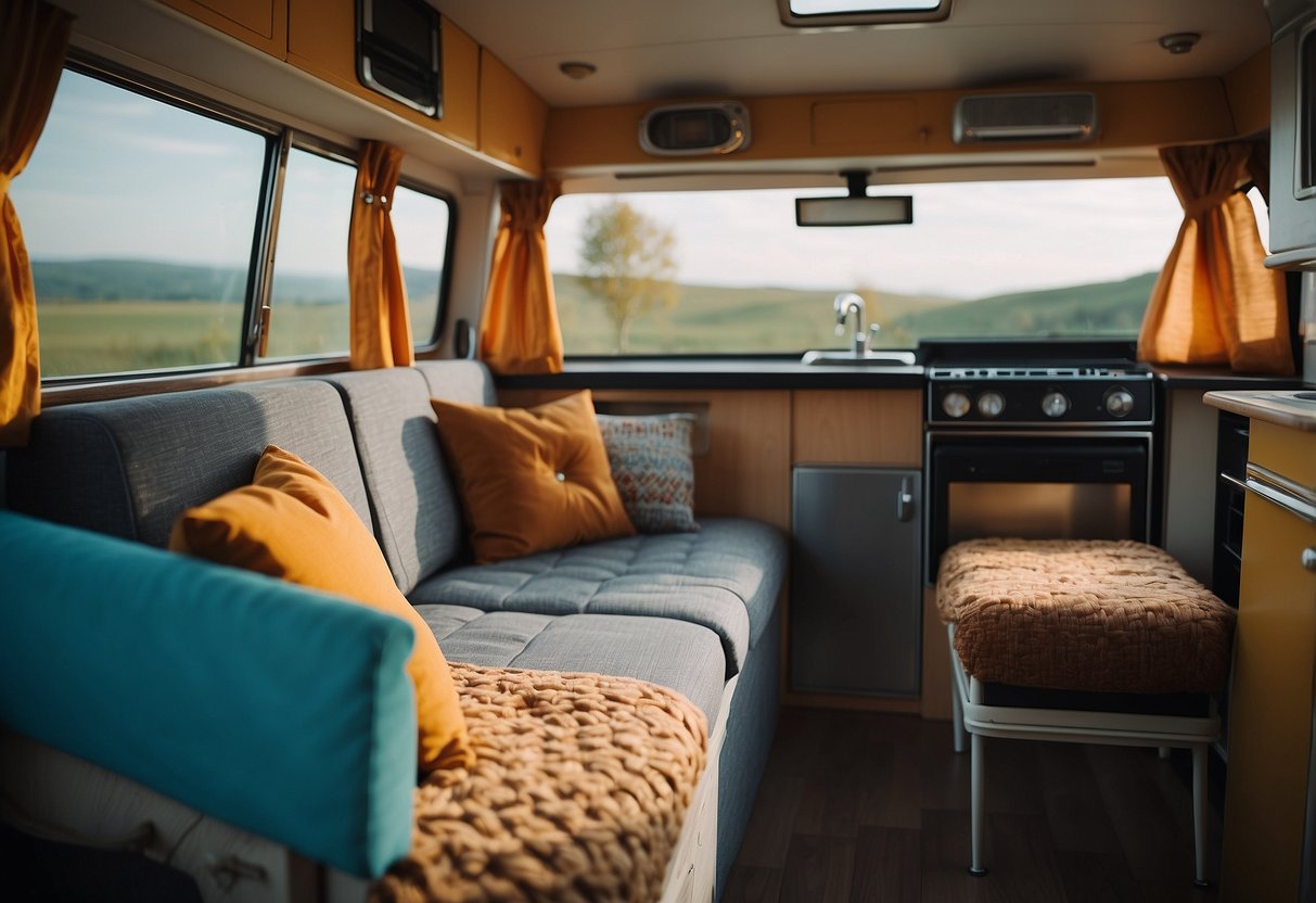 A cozy VW camper van interior with a fold-out bed, colorful curtains, and a small kitchenette with a retro fridge and stove