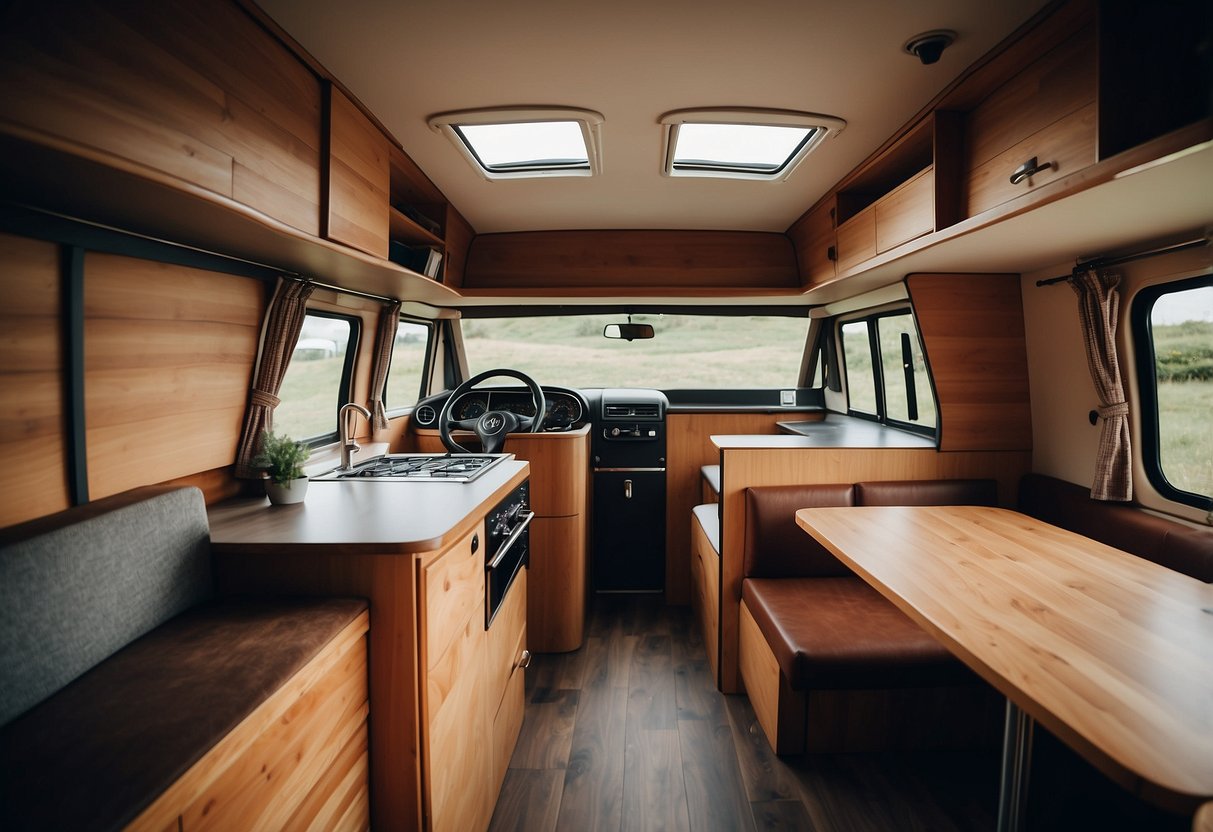 A cozy VW camper van interior with warm, rustic wood paneling and clever storage solutions