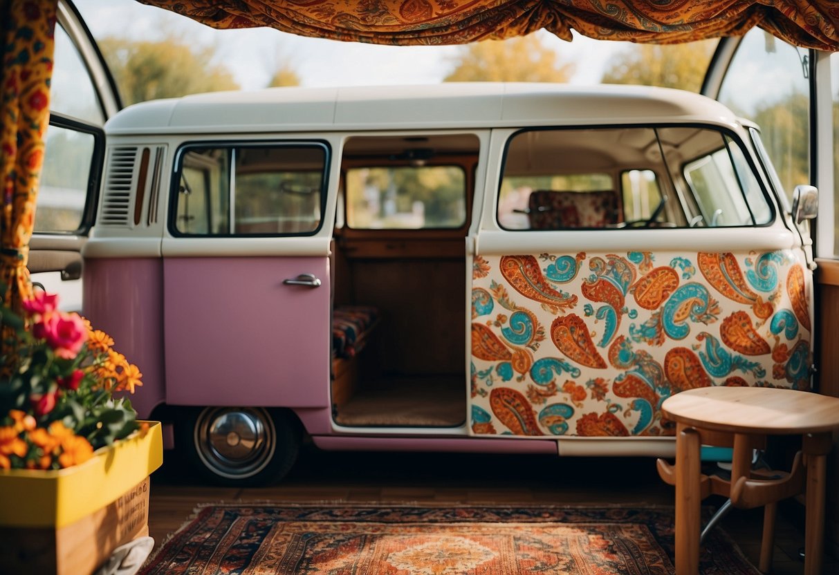 Colorful paisley curtains hang in a retro VW camper van, adding a vibrant pop of pattern and style to the cozy interior