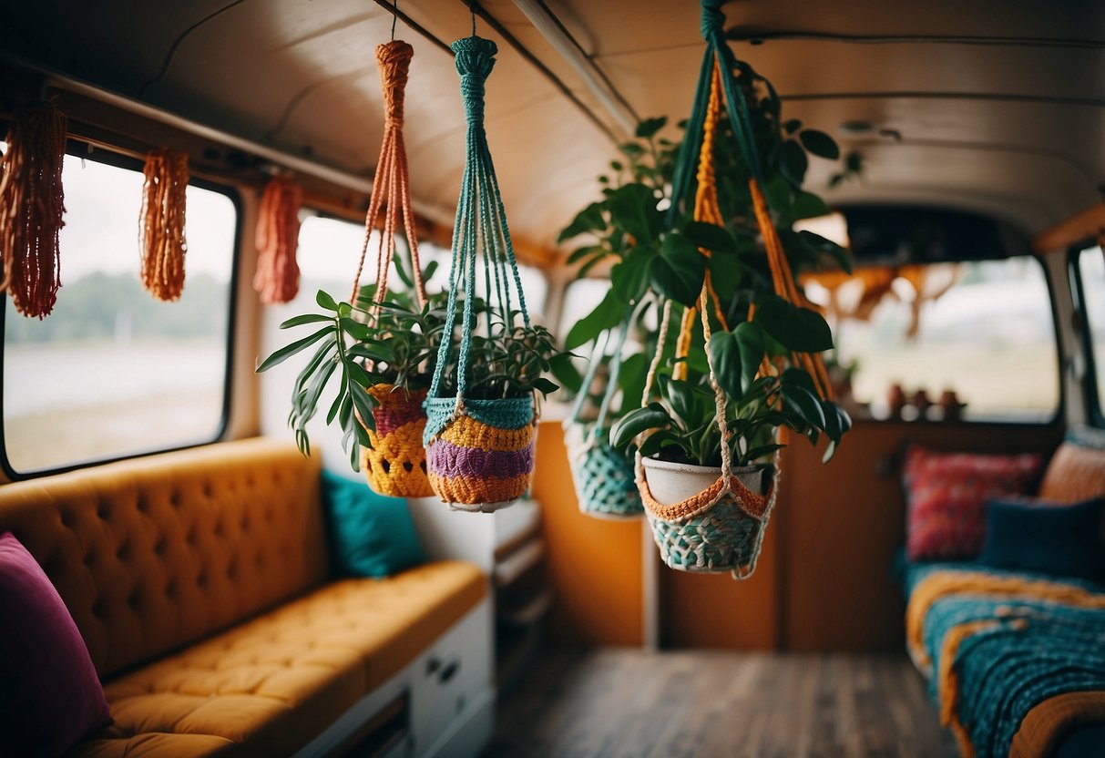 Colorful macrame plant holders hang from the ceiling of a cozy VW camper van interior, adding a bohemian touch to the space