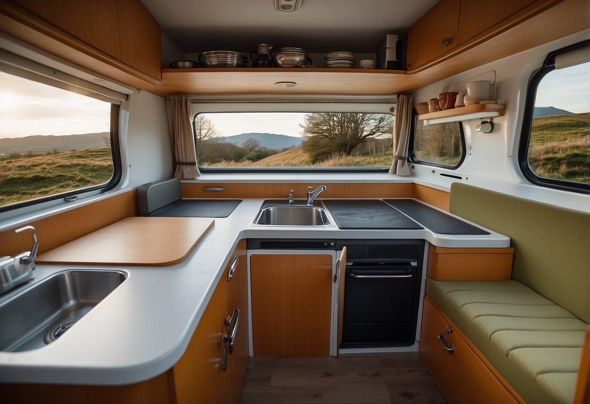 A compact kitchenette in a VW camper van, complete with a small sink, stovetop, and storage compartments