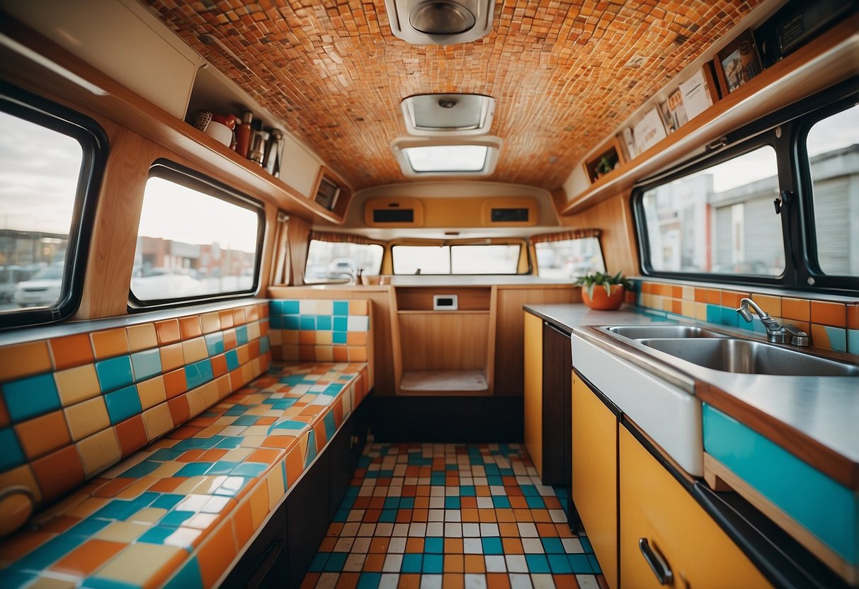 Vibrant, mosaic backsplash tiles adorn the interior of a retro VW camper van, creating a lively and inviting atmosphere