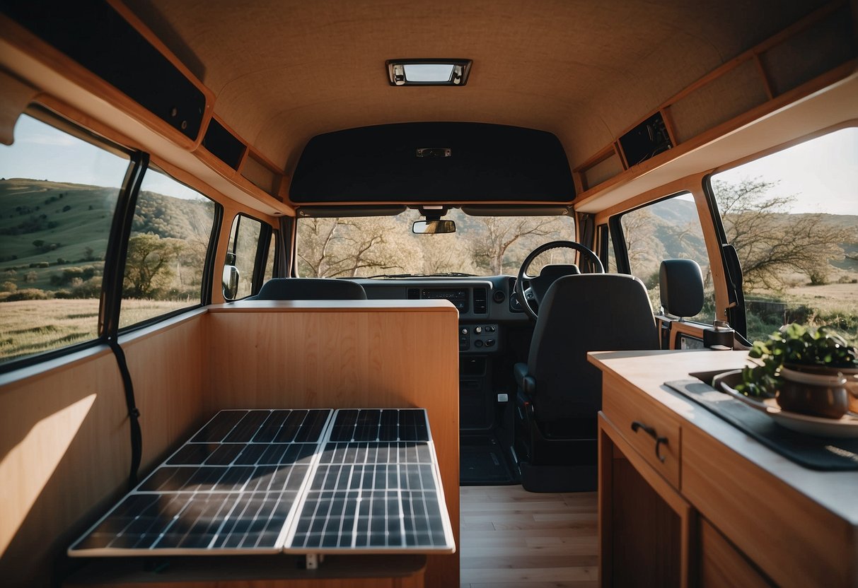 The interior of a VW camper van with foldable solar panels installed, creating a sustainable and eco-friendly travel setup