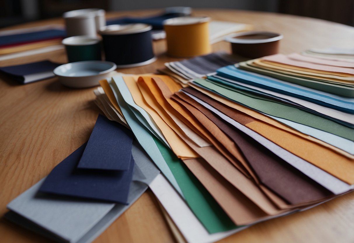 A table with various fabric swatches, wood samples, and paint chips spread out. A sketchbook and pencil sit nearby for jotting down ideas