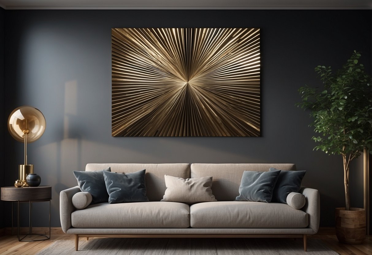 A sleek metal wall art piece hangs in a modern living room, reflecting light and adding a touch of contemporary style to the space