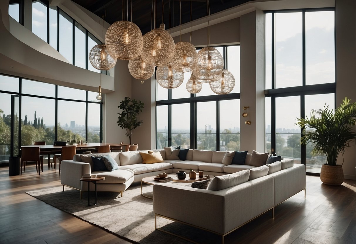 A modern living room with geometric tiered pendant lights hanging from the ceiling, creating a sleek and stylish contemporary home decor