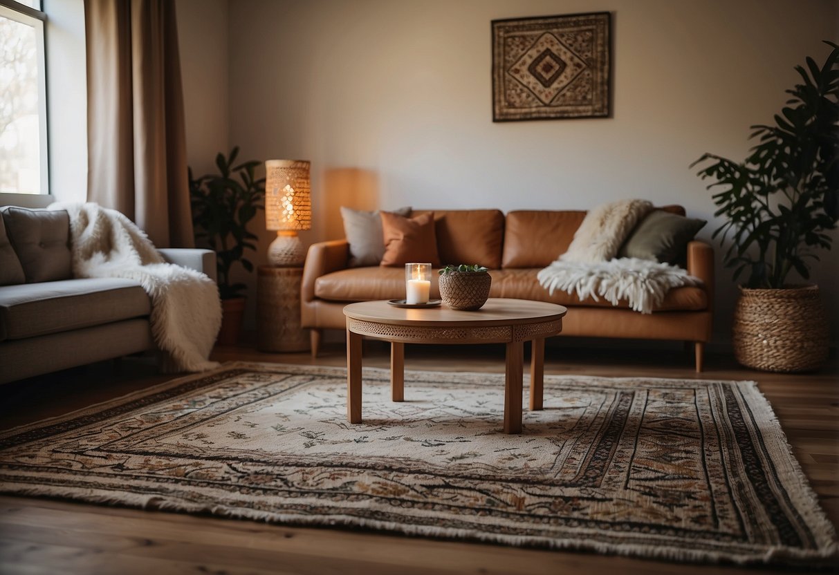 A cozy living room with vintage Moroccan rugs, modern furniture, and warm lighting