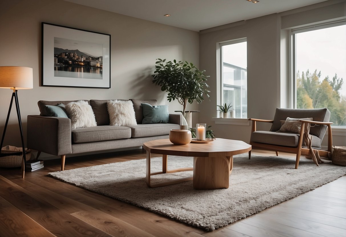 A cozy living room with hardwood flooring, a plush area rug, and stylish furniture arranged in a modern and inviting way