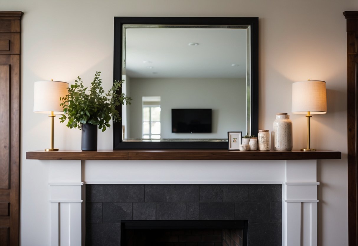 A sleek, modern mirror hangs above the fireplace, flanked by two symmetrical sconces. A collection of framed artwork adorns the mantel, complemented by a pair of decorative vases