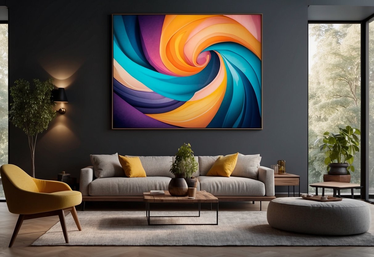 Vibrant abstract art piece hangs above fireplace, adding color and depth to the room. Bold shapes and swirling patterns create a dynamic focal point for modern home decor