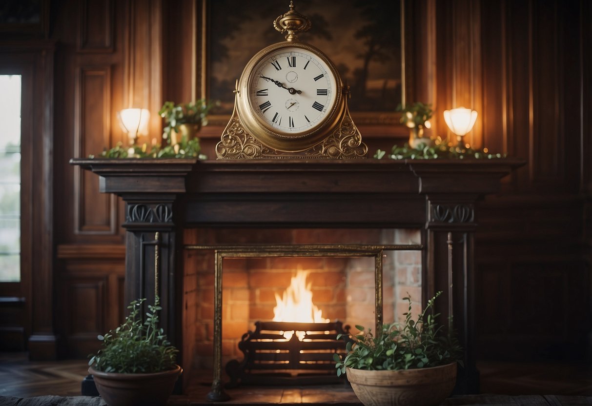 An antique clock hangs above a grand fireplace, adding a touch of elegance to the traditional home decor