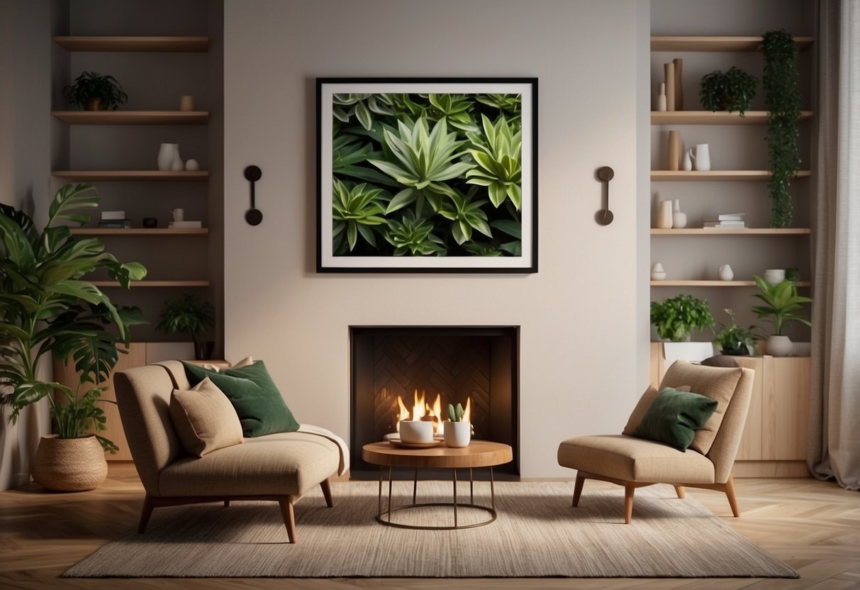 Botanical prints hung above a fireplace in a cozy living room with warm lighting and greenery accents