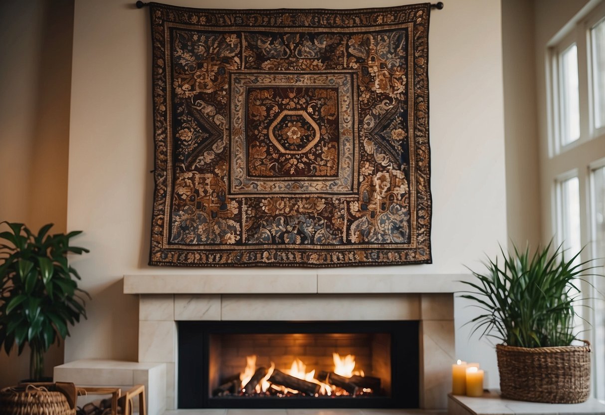 A textured tapestry hangs above a fireplace, adding warmth and visual interest to the room's decor