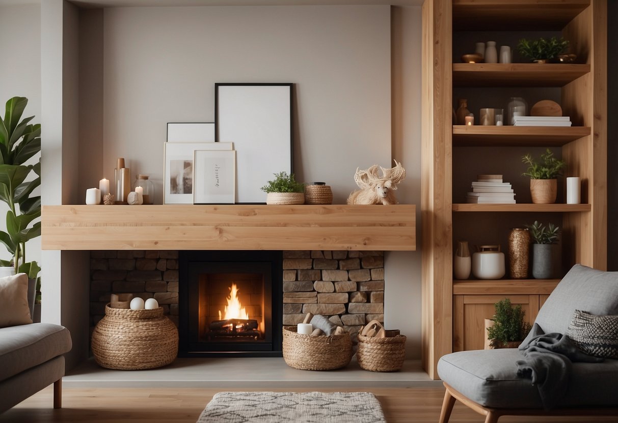 Wooden shelves filled with home decor items are mounted above a fireplace, creating a cozy and inviting atmosphere