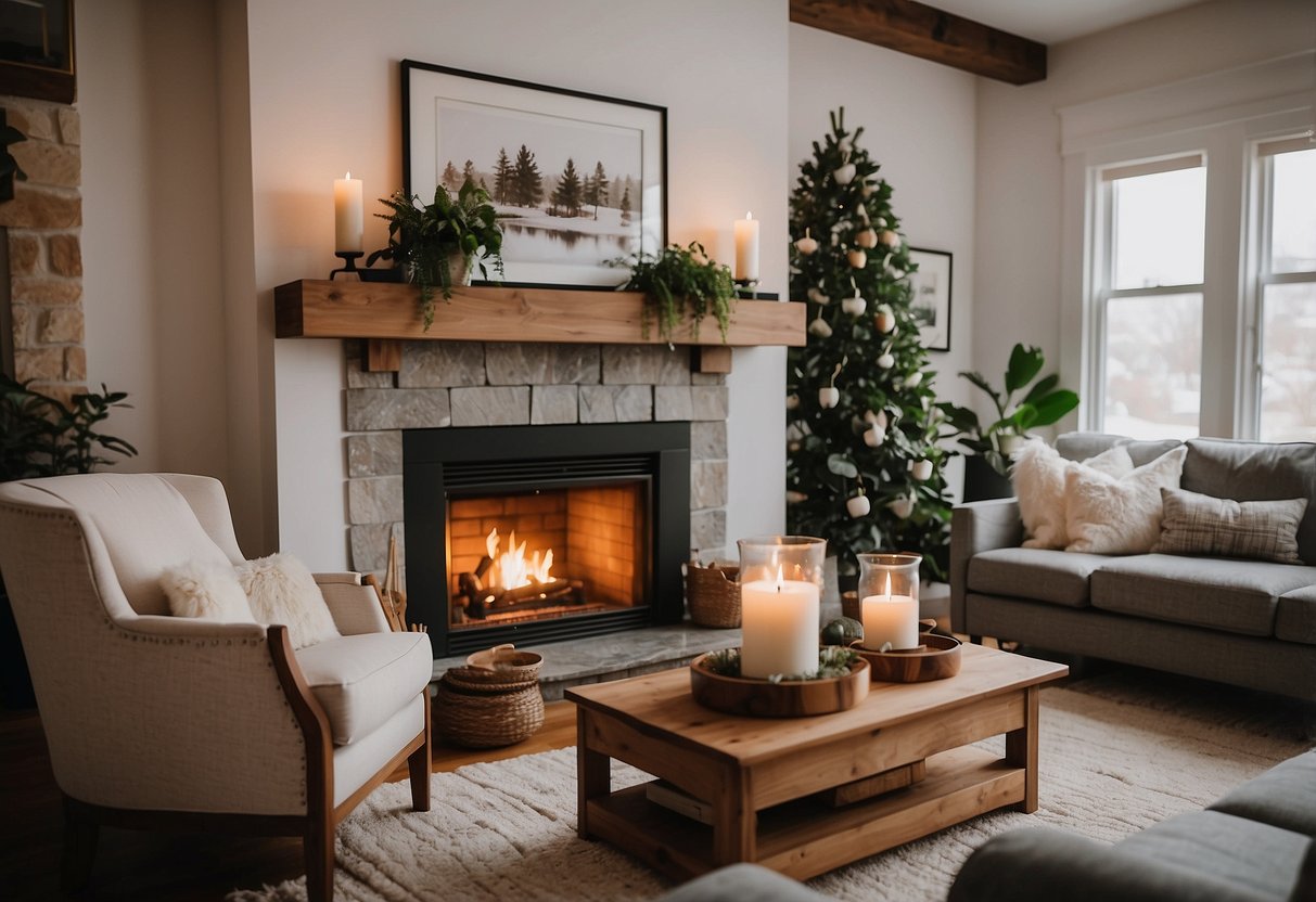 A cozy living room with a fireplace as the focal point, adorned with tastefully chosen decor such as framed art, candles, and potted plants