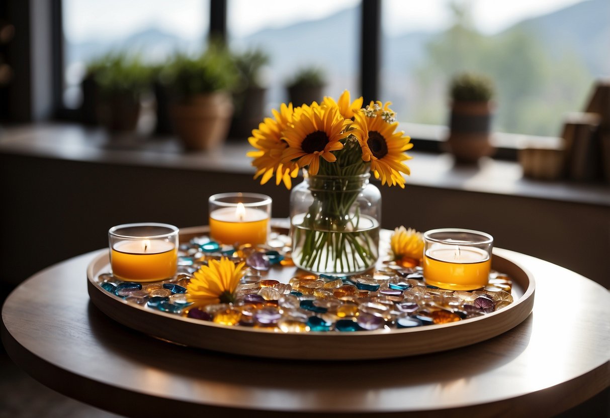 A table adorned with resin coasters, a tray, and a vase filled with dried flowers. Shelves display resin art pieces, while a lampshade and serving platter also feature resin designs