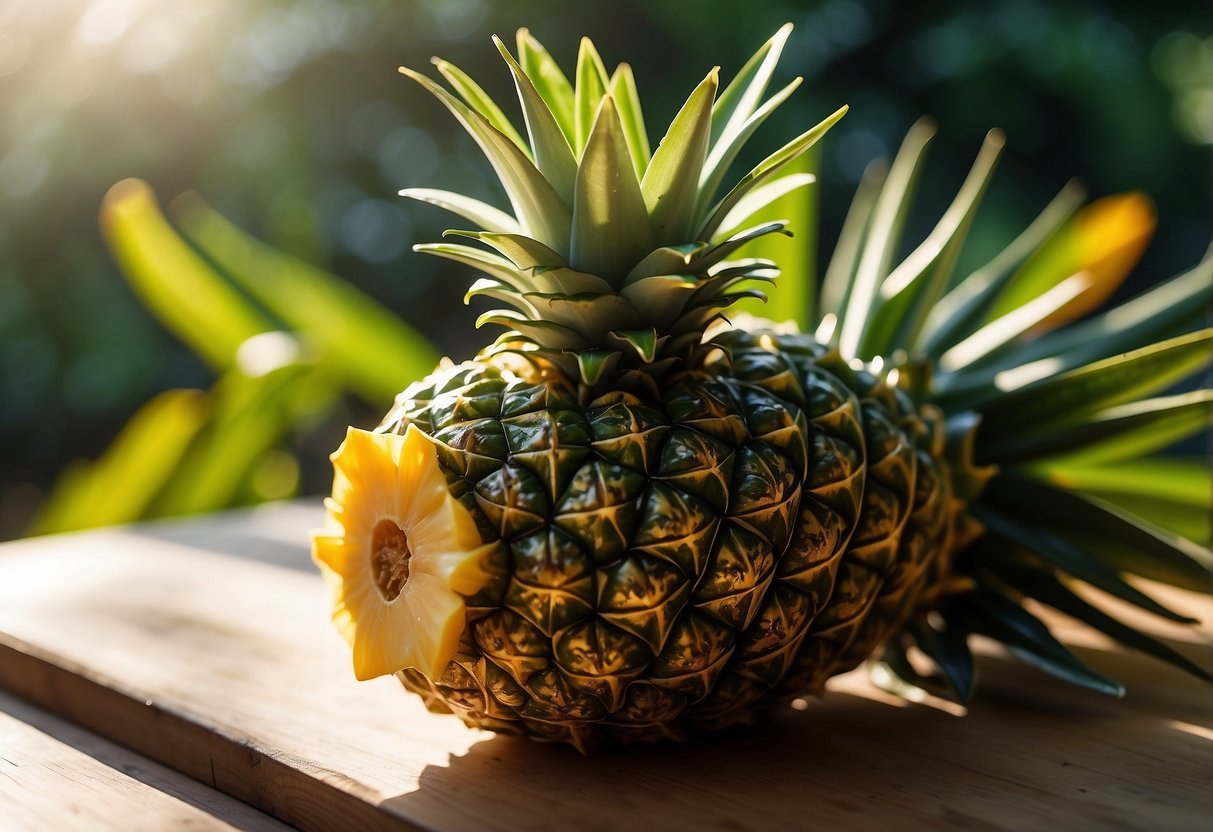 A resin pineapple sits on a wooden table, surrounded by green foliage and warm sunlight streaming in through a nearby window