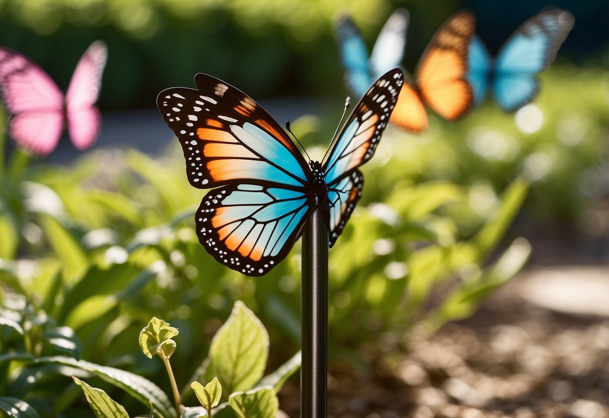 Colorful resin butterfly garden stakes arranged in a lush garden, catching sunlight