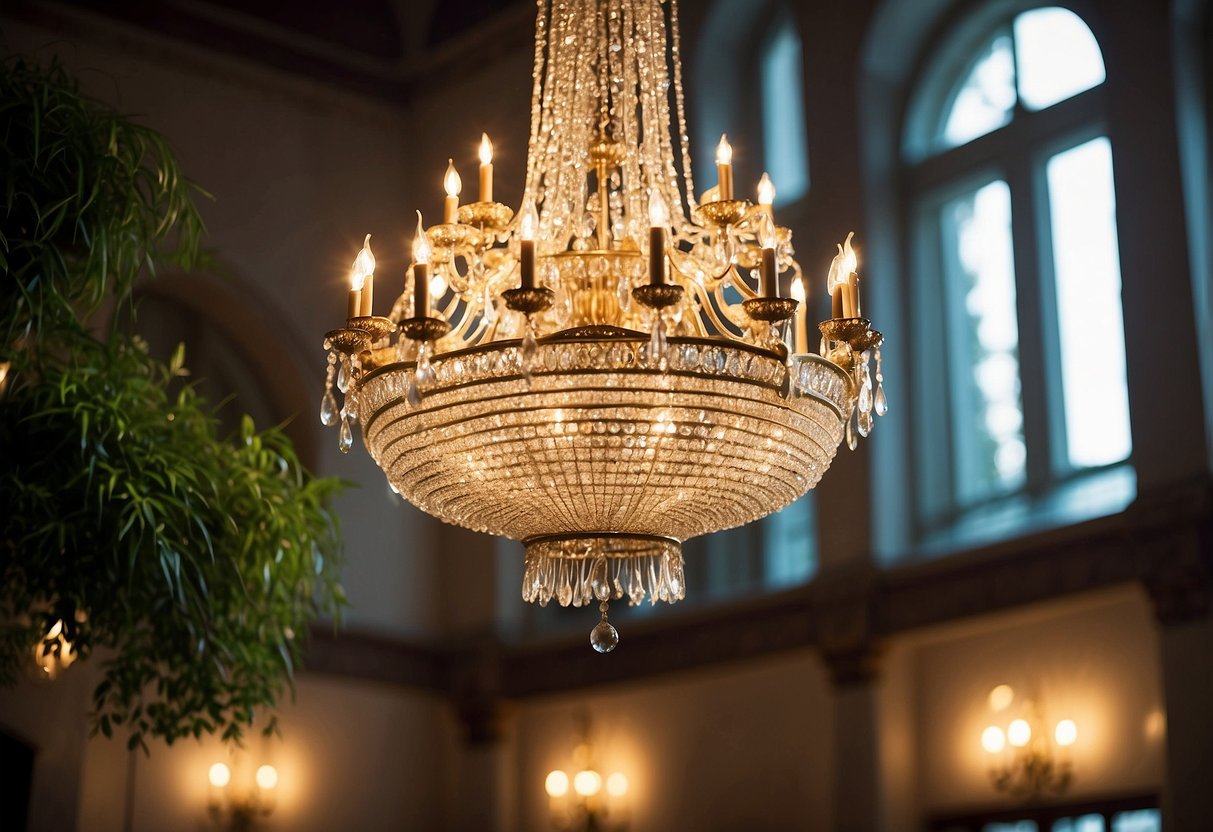 A grand chandelier hangs from the high ceiling, casting a warm glow over the spacious room. Tall potted plants and floor-to-ceiling drapes add to the sense of grandeur