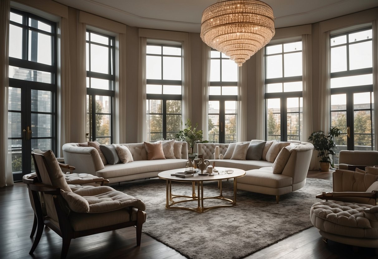 A spacious living room with tall windows, a grand chandelier, and a mix of low and high furniture to fill the vertical space