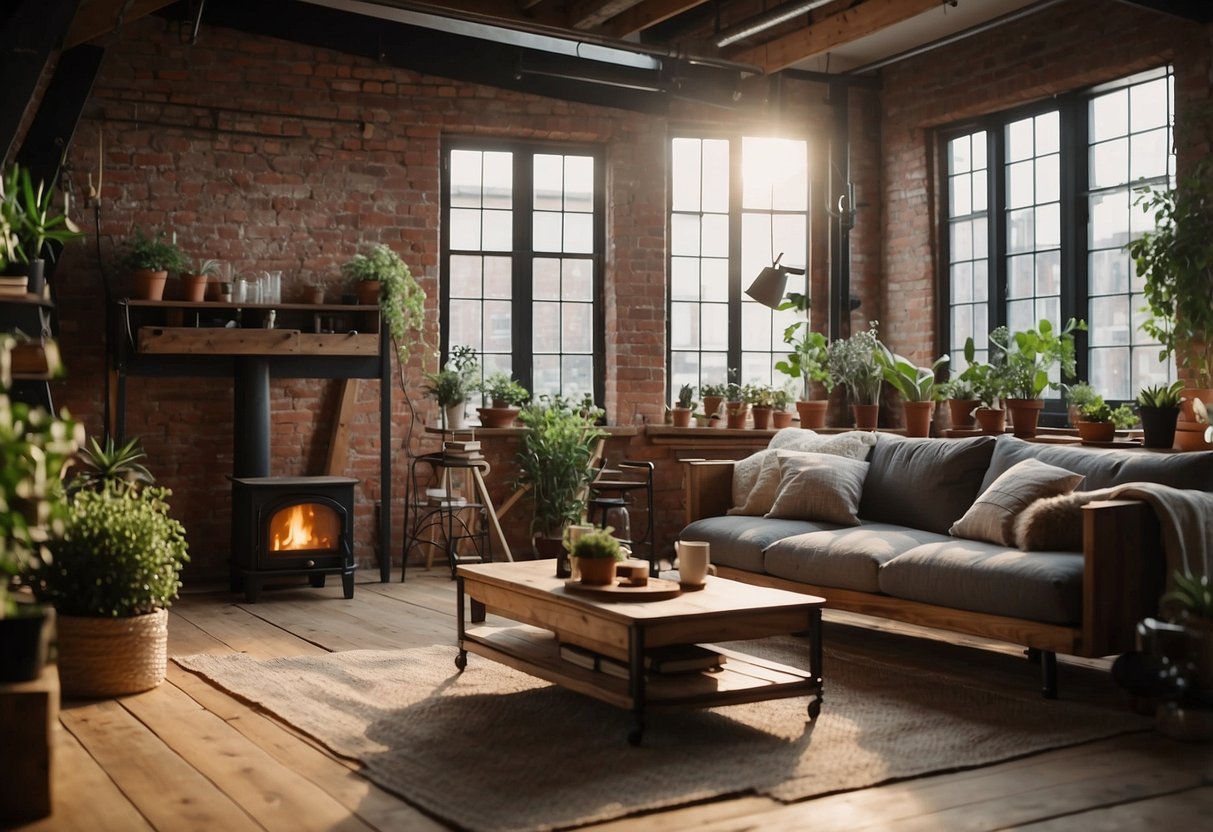 A cozy loft with exposed brick walls, wooden beams, and large windows. A mix of modern and vintage furniture, cozy textiles, and potted plants create a warm and inviting atmosphere