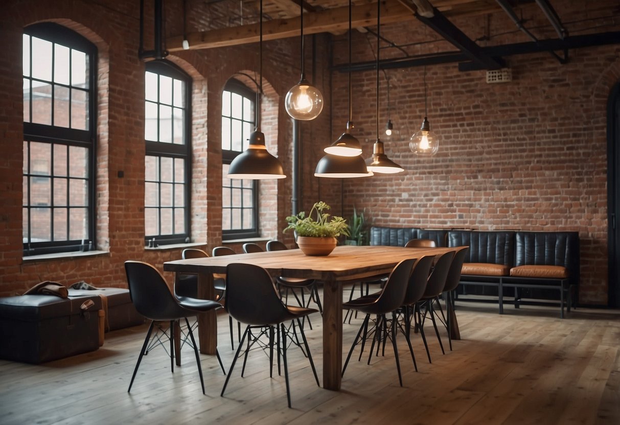 A loft space with exposed brick walls and high ceilings featuring vintage industrial pendant lights hanging above a rustic wooden dining table and leather chairs