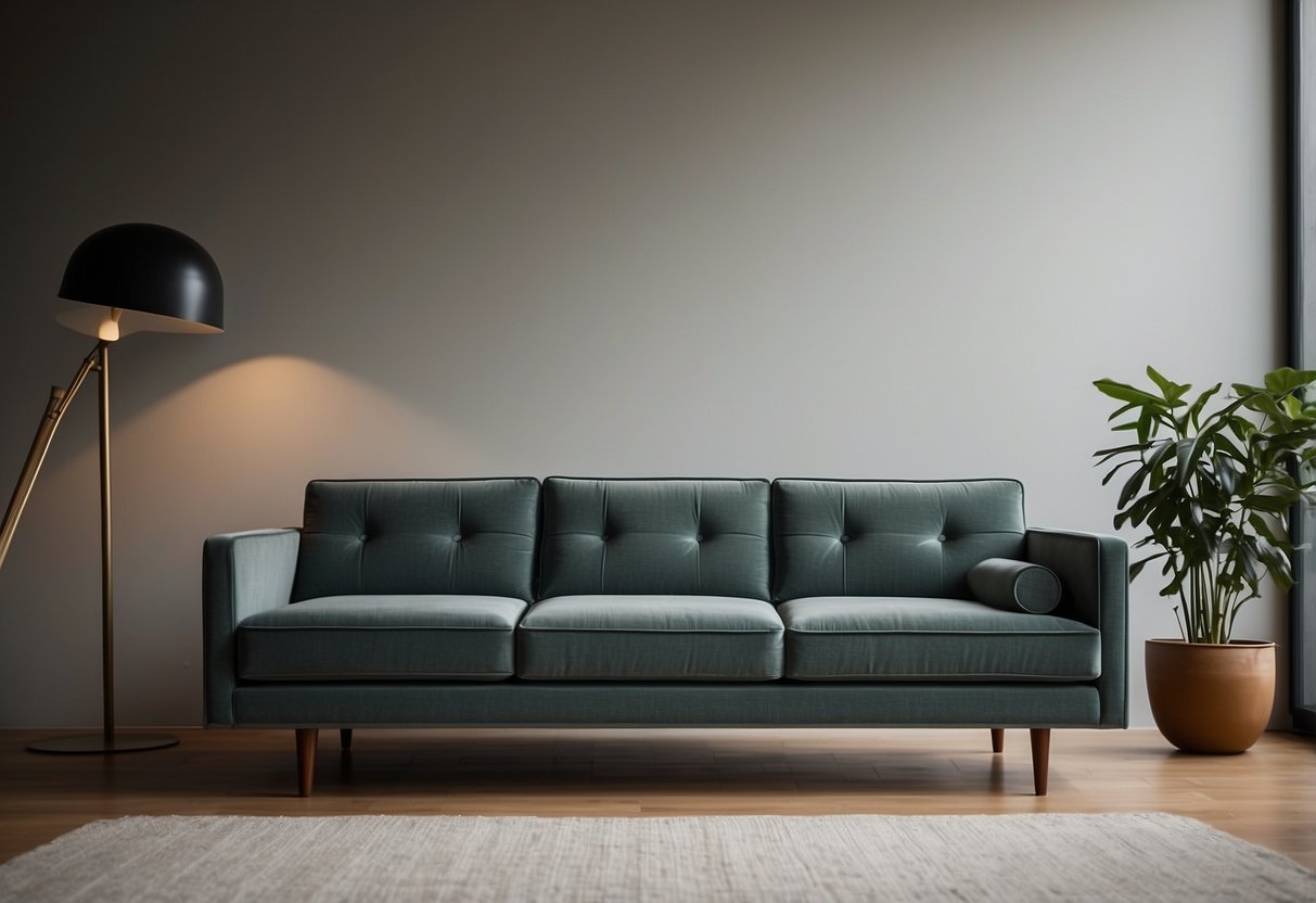 A sleek Mid-Century Modern sofa sits in a minimalist loft space, surrounded by clean lines and simple decor. The sofa is the focal point, with its low profile and tapered legs adding a touch of retro charm to the room