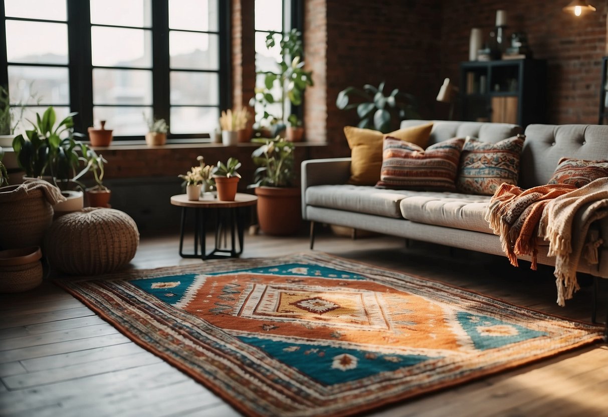 A cozy loft with colorful Bohemian textile rugs adorning the floor, creating a warm and inviting atmosphere for home decor