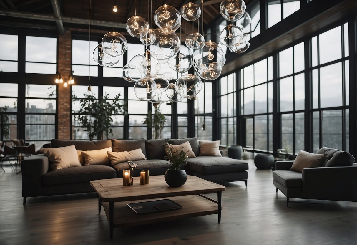 A modern loft with glass bubble chandeliers hanging from the high ceiling, creating a stunning and luxurious home decor atmosphere