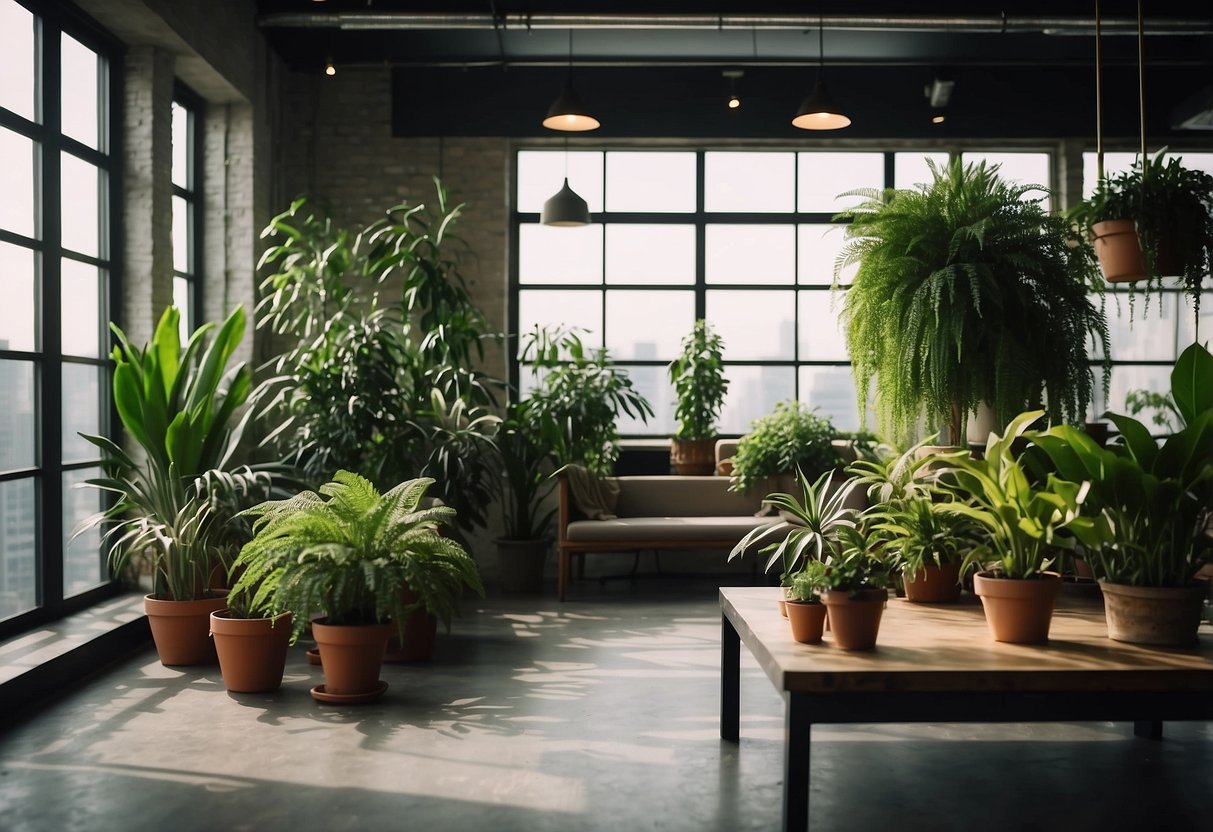 Lush green indoor plants adorn a modern loft space, adding a touch of nature to the home decor