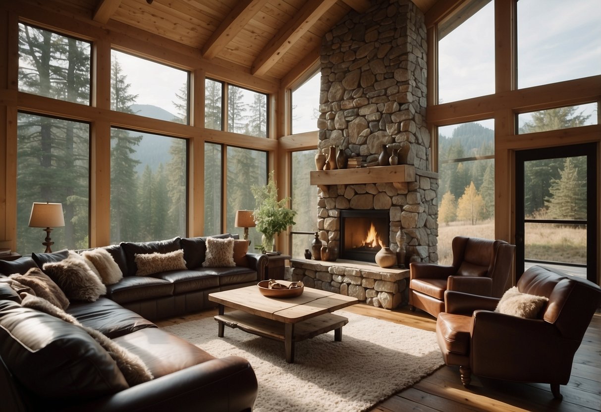 A cozy living room with a stone fireplace, leather sofas, and wooden accents. A large window lets in natural light, showcasing the rustic decor