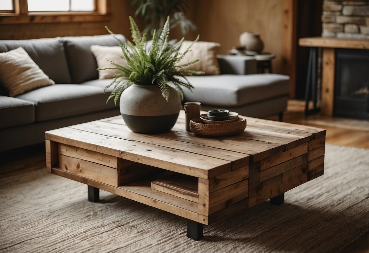 A rustic reclaimed wood coffee table sits in a cozy ranch-style living room, surrounded by earthy tones and natural textures