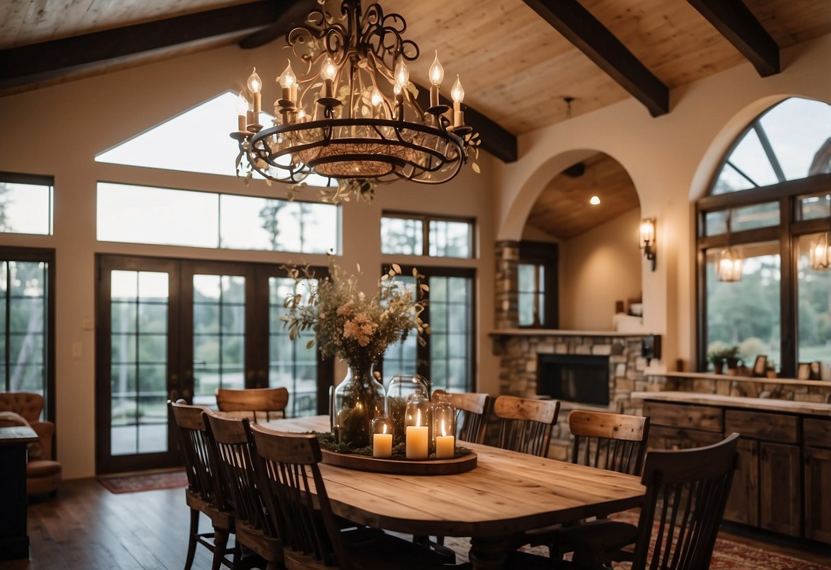 A rustic ranch-style home with a grand wrought iron chandelier hanging from the high ceiling, casting a warm and inviting glow over the cozy interior