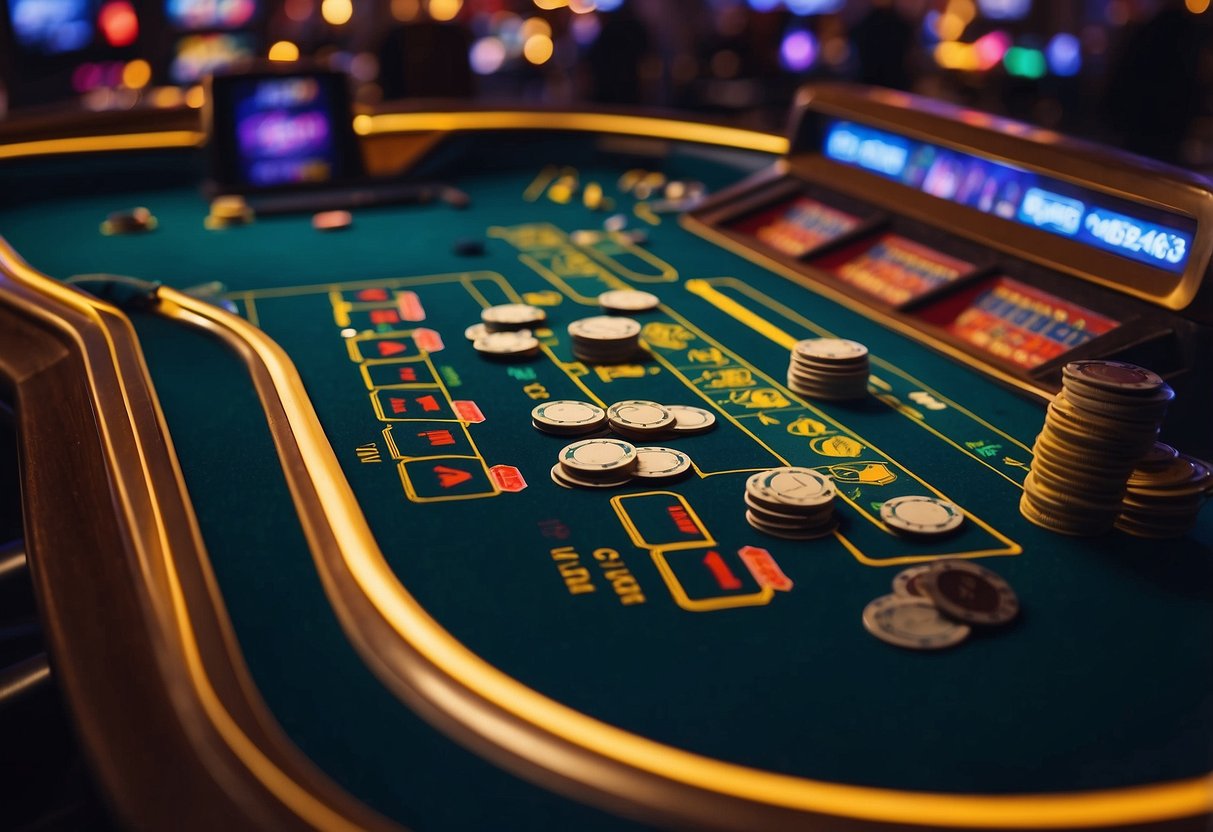 Bright lights flash on casino games. Cards and chips scatter on tables. Slot machines ring and buzz with excitement